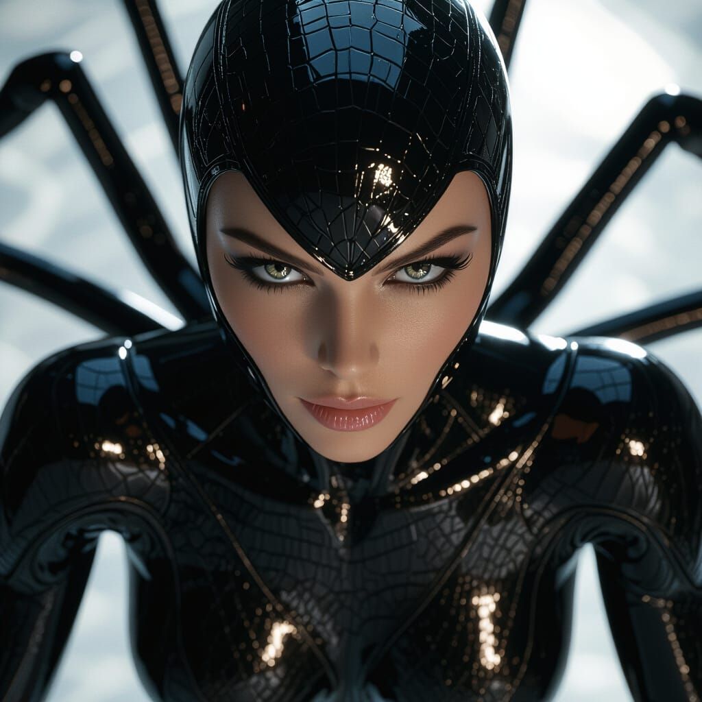 Futuristic Obsidian Spider-Suit Woman in Cinematic Realism