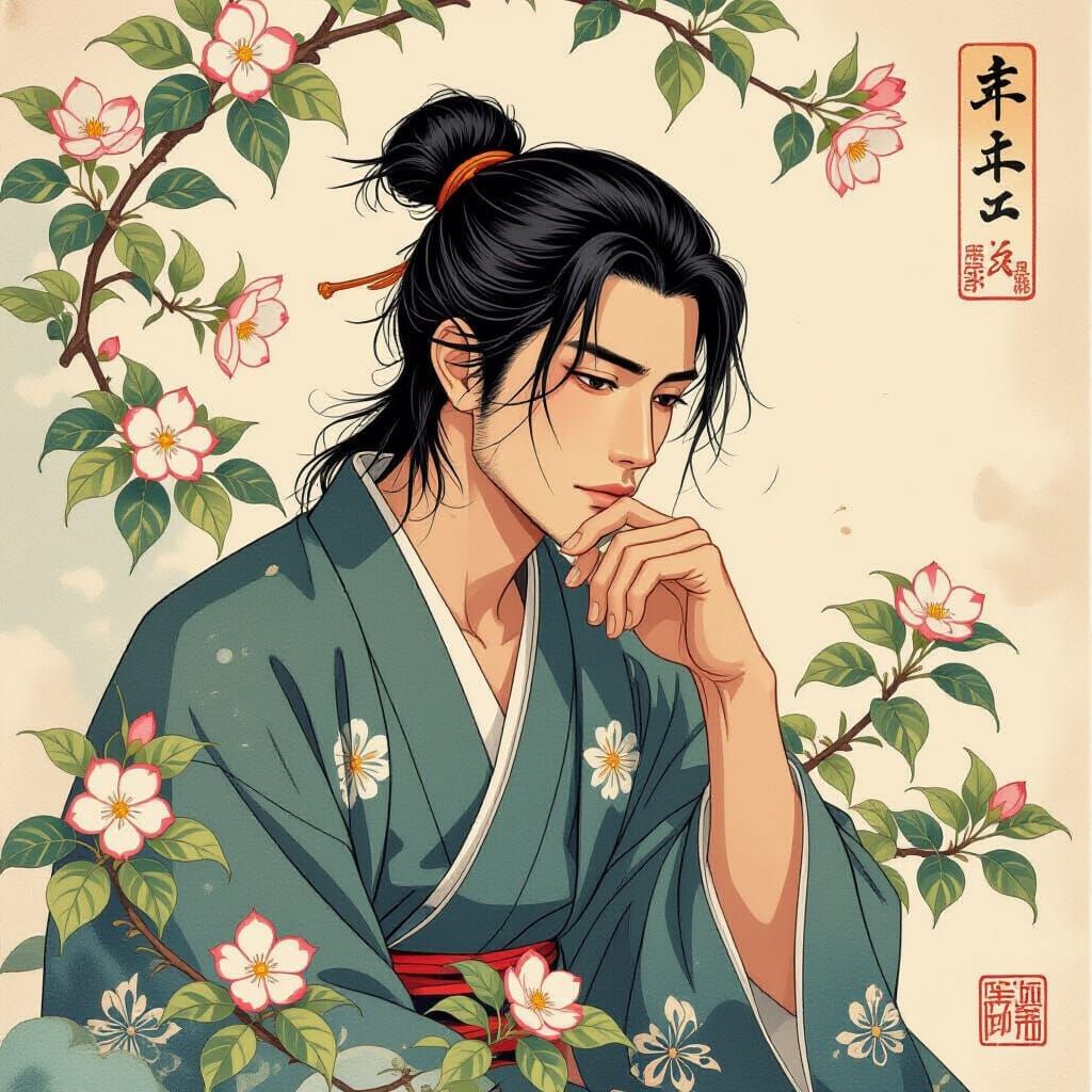 Japanese Man Amidst Honeysuckle, in Ukiyo-e Style