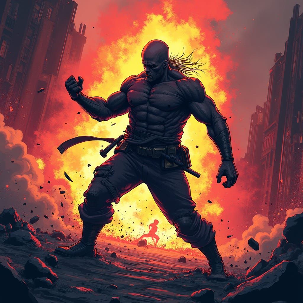 Dynamic Warrior in Neon-Lit Urban Landscape