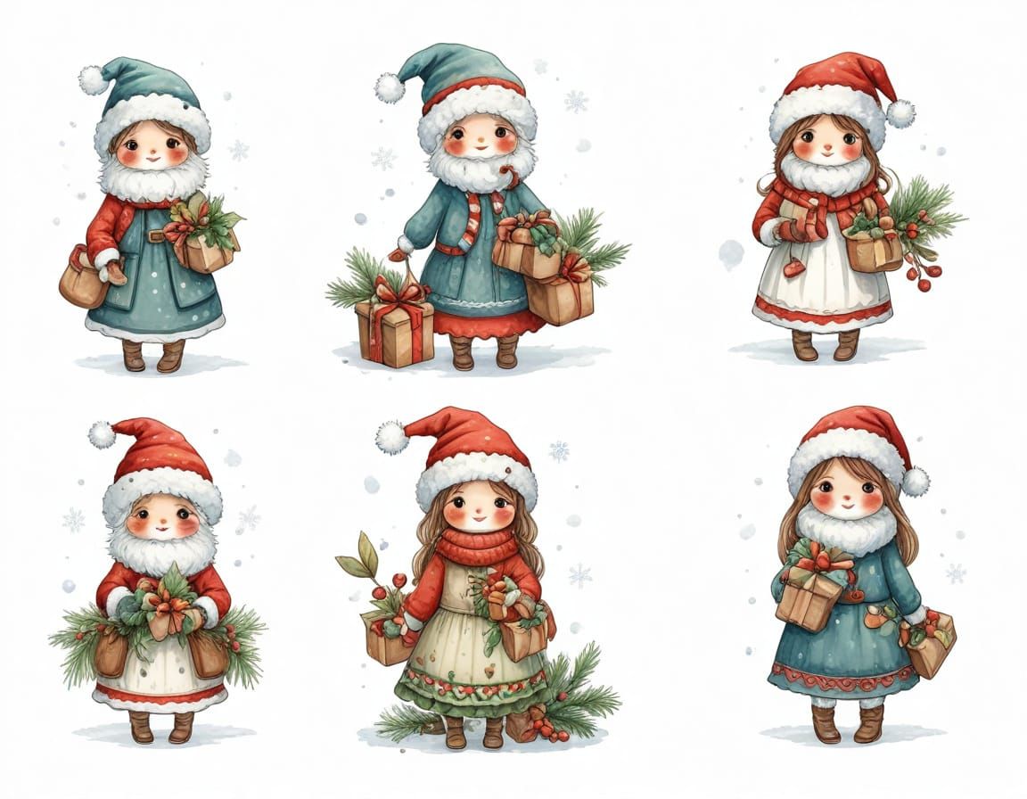Cute Snow Women in Santa Hats with Gifts