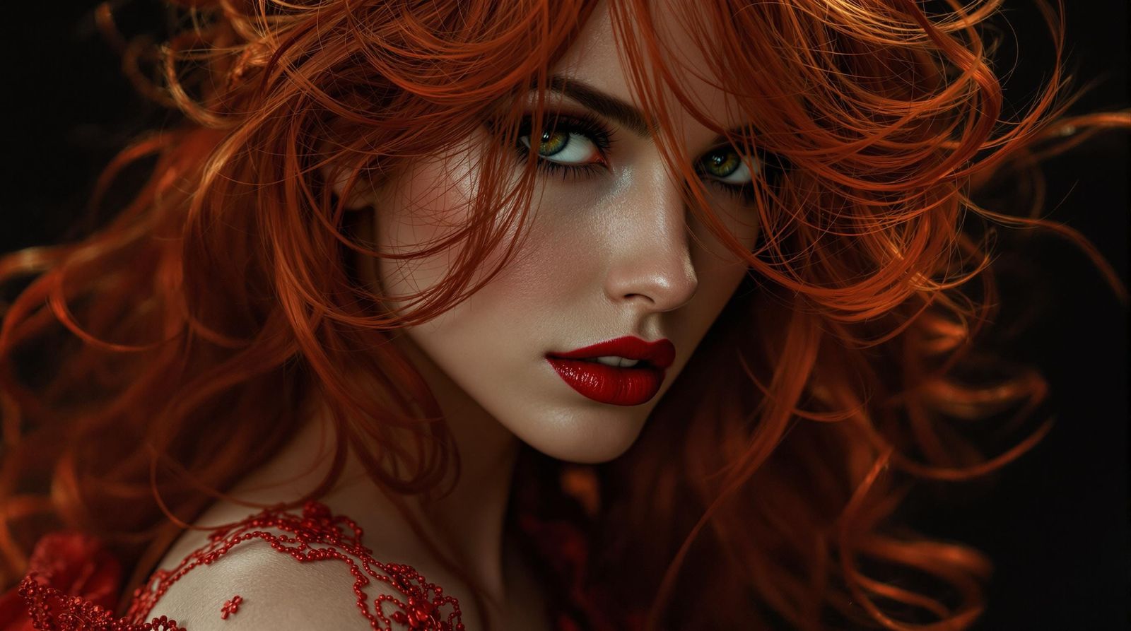 Stunning Woman in Red Gown with Wild Hair