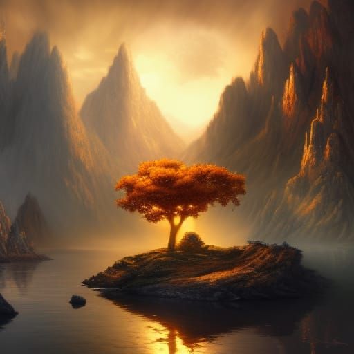 Golden Tree on Lake at Dawn in Crayon Style