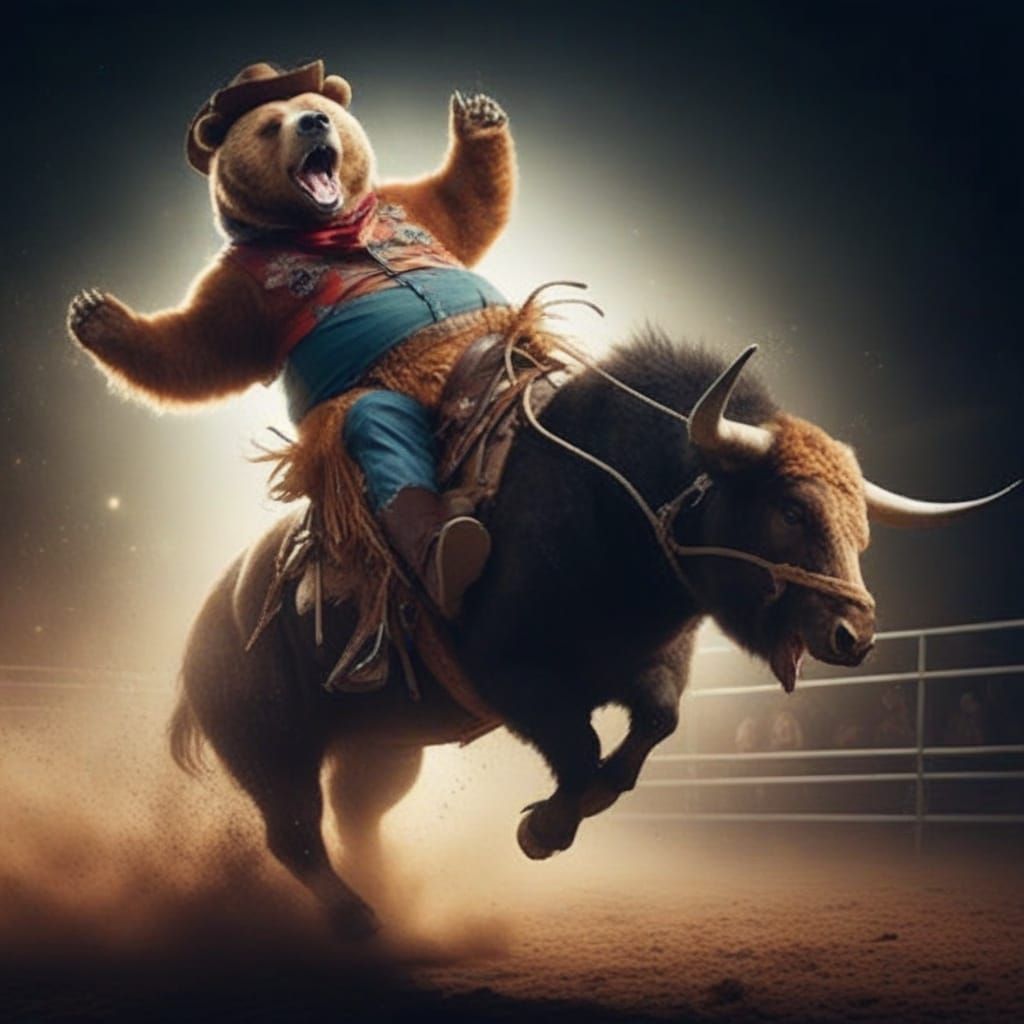Grizzly Bear Cowboy Rides Bucking Bronco