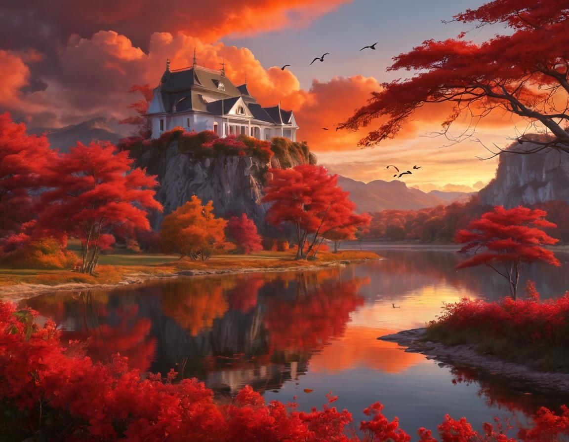 Surreal Sunset Masterpiece with Burning Clouds and Calm Lake