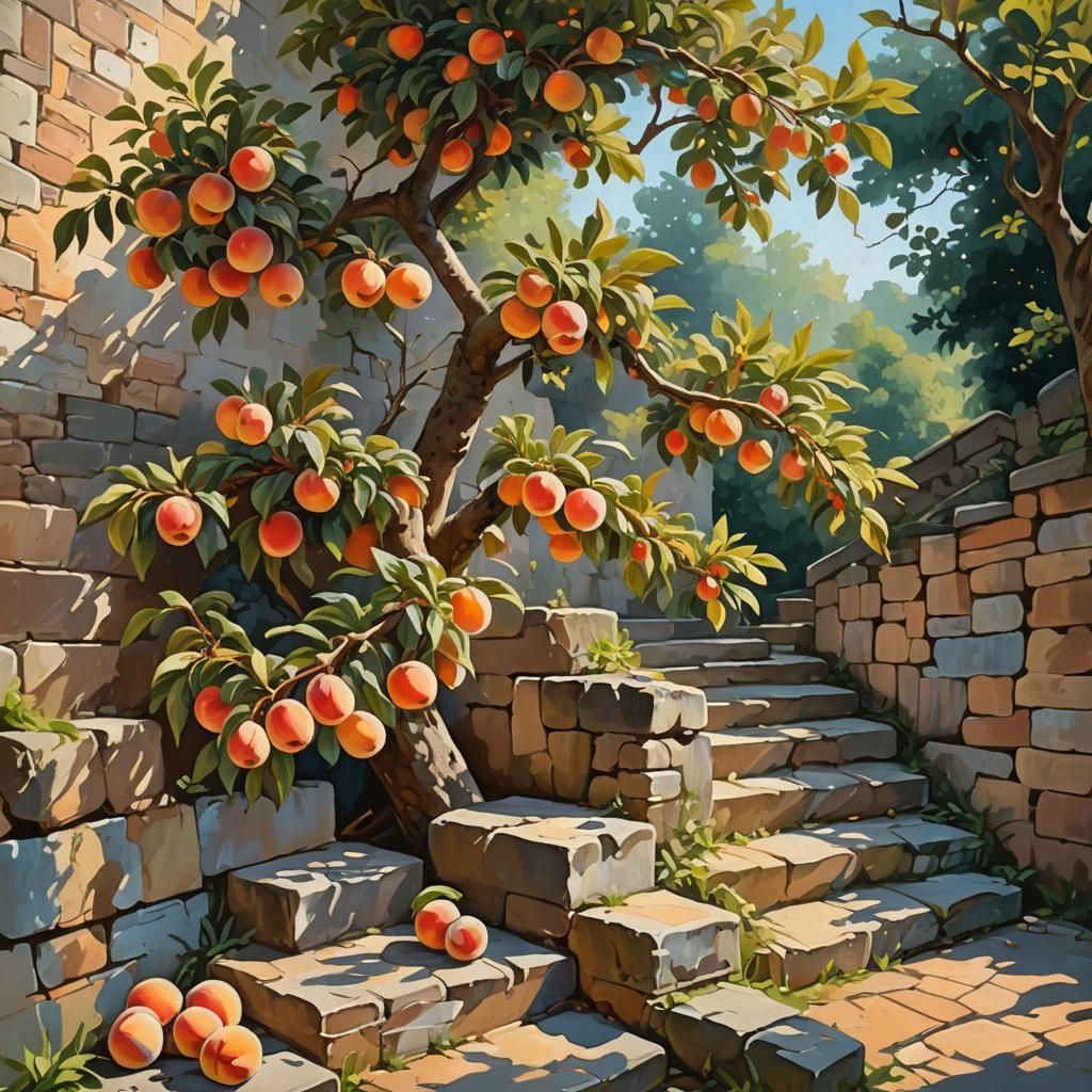 Peach Tree by Stone Wall: Gouache Impressionist Painting