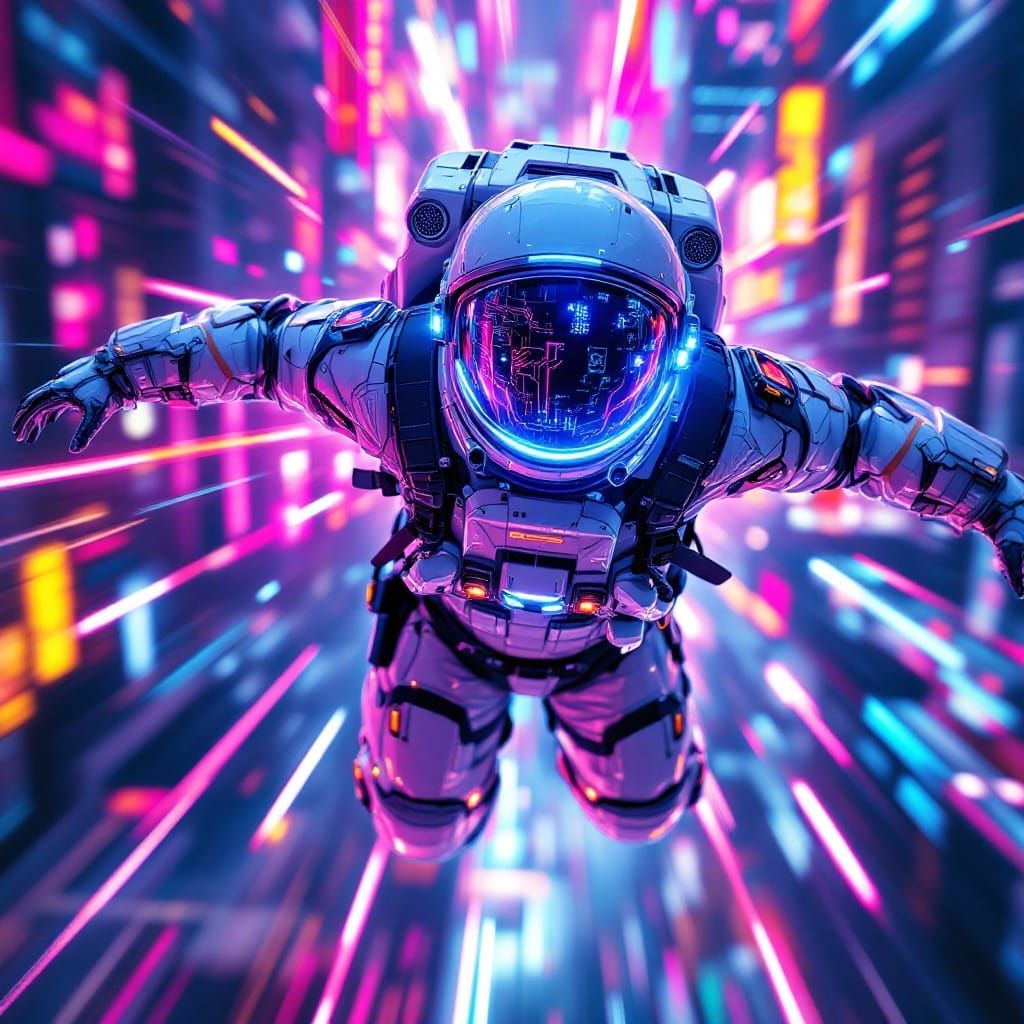 Astronaut in Neon-Lit Cyberpunk Armor