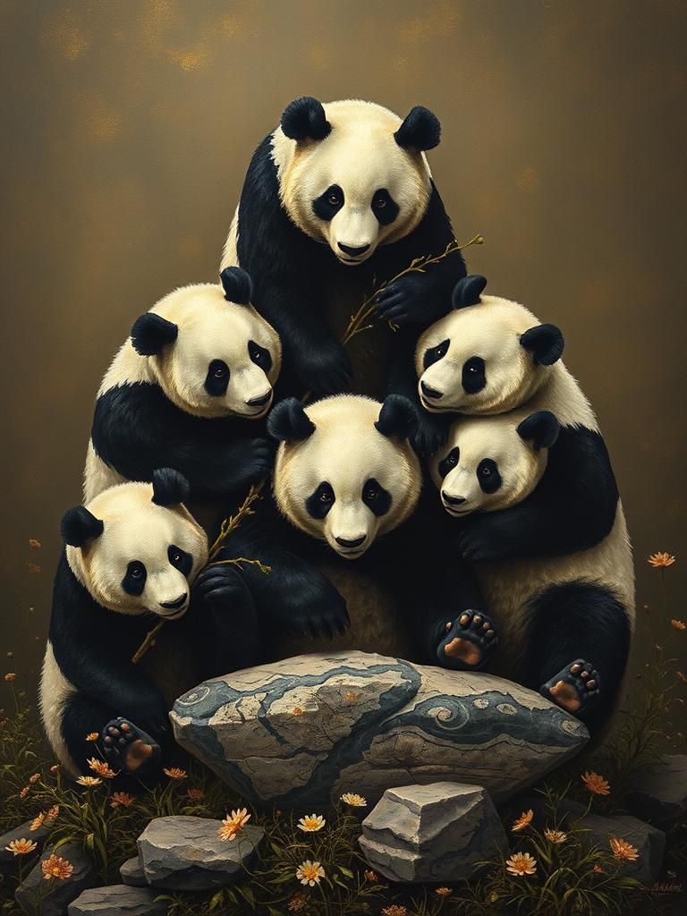 Pandas Form Pyramid in Velvet Painting Style