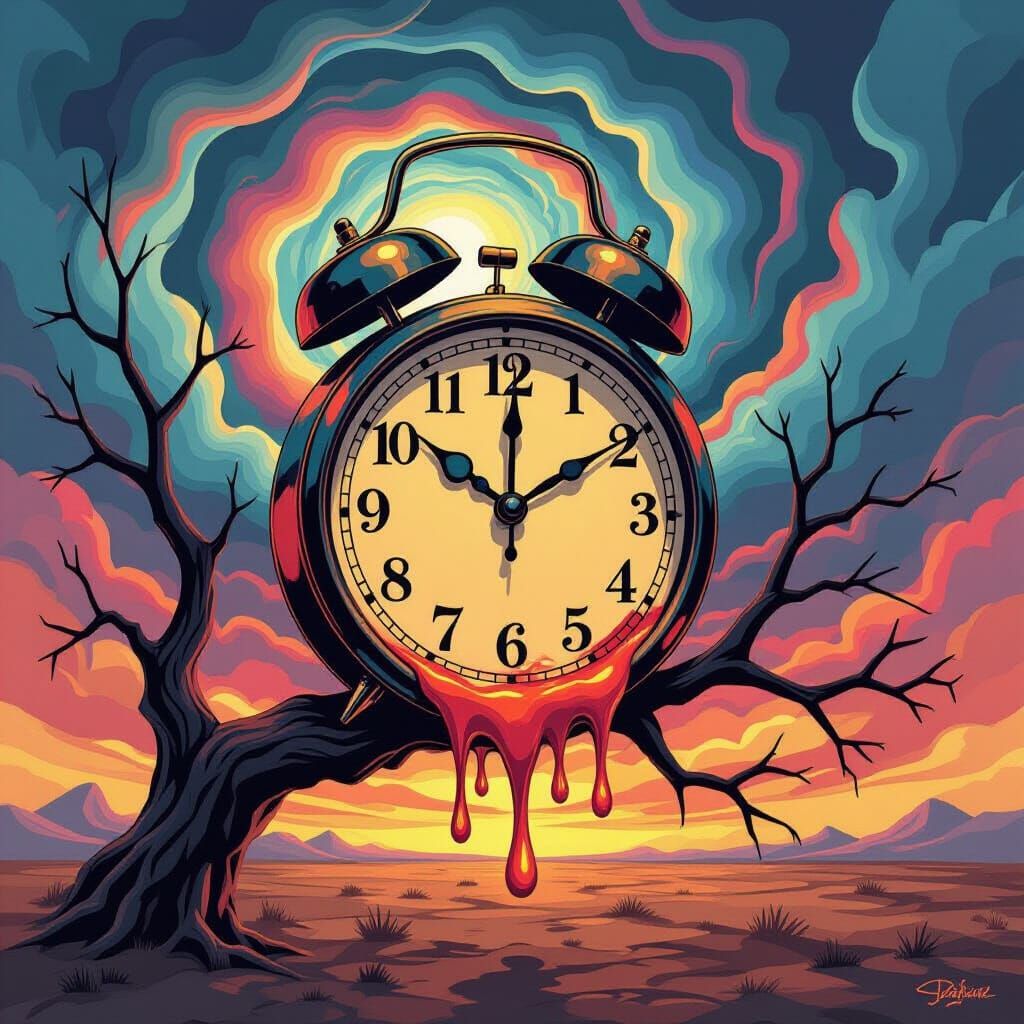 Melting Clock on Barren Branch Under Psychedelic Sky
