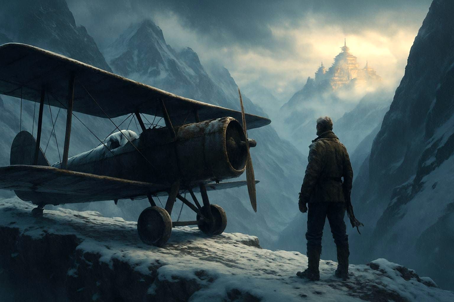 Biplane Lands on Mountain Ledge Near Shangri-La