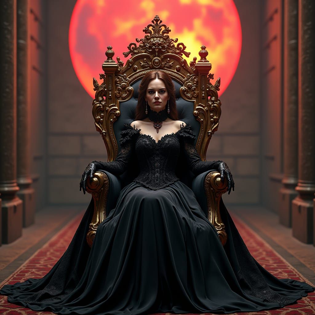 Gothic Demoness on Ruby Throne Overlooking Prison