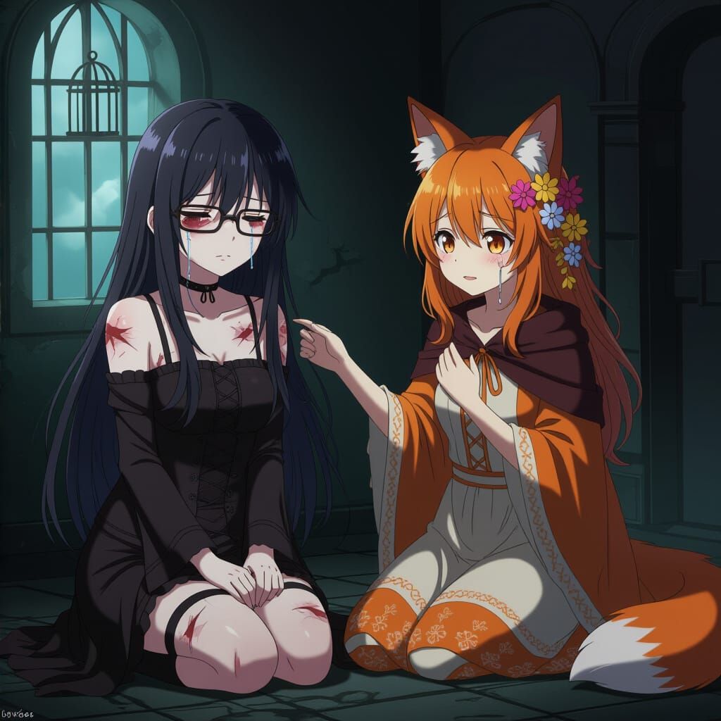 Anime Girl with Fox Companion in Gloomy Room