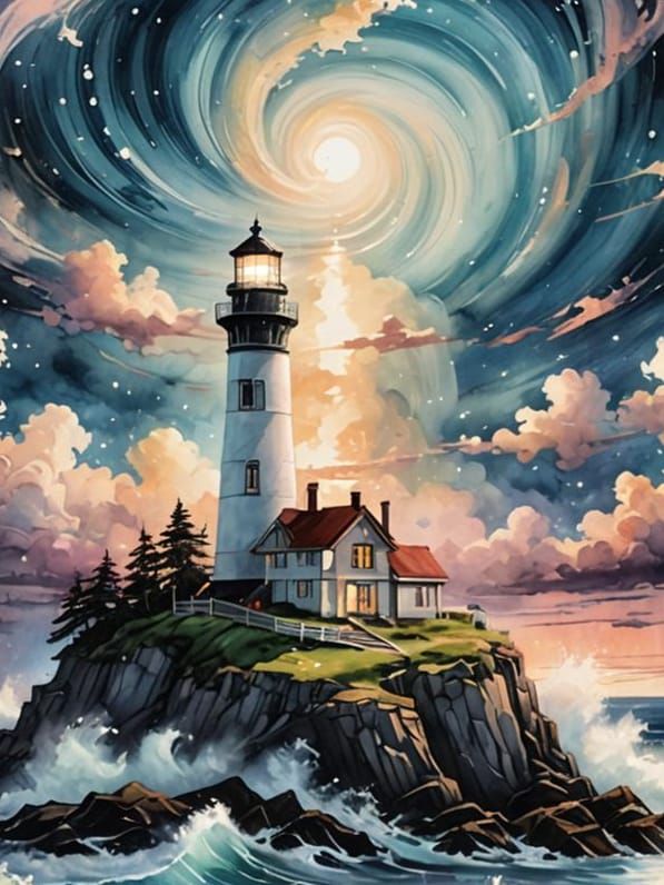 Photorealistic Lighthouse on Island Watercolor Illustration