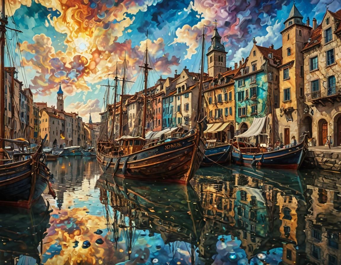 Medieval Sky City with Iridescent Clouds