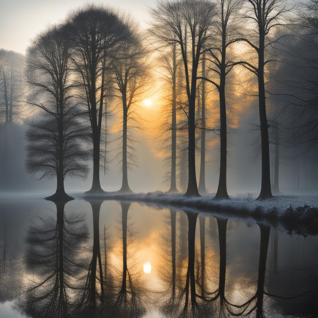 Majestic Winter Trees Reflected in Misty Pool