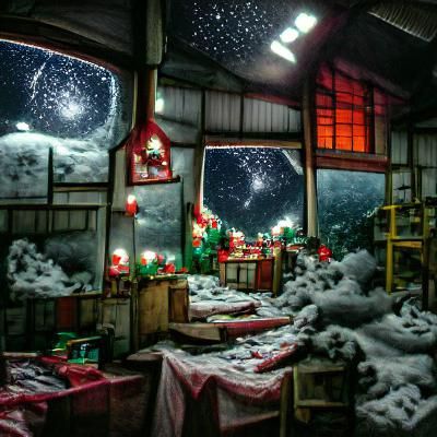 Santa's Workshop on Christmas Night Under Falling Snow