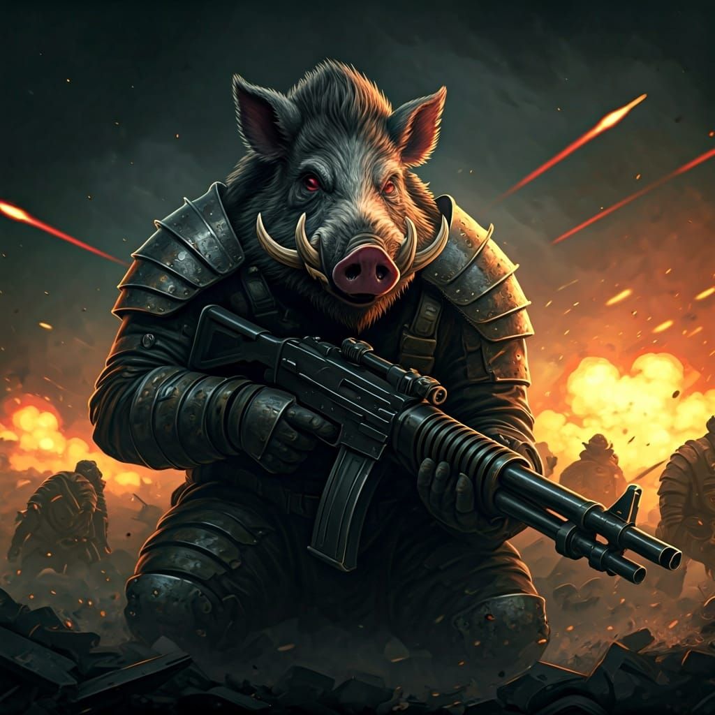 Armored Warrior Boar in Epic Battle Scene