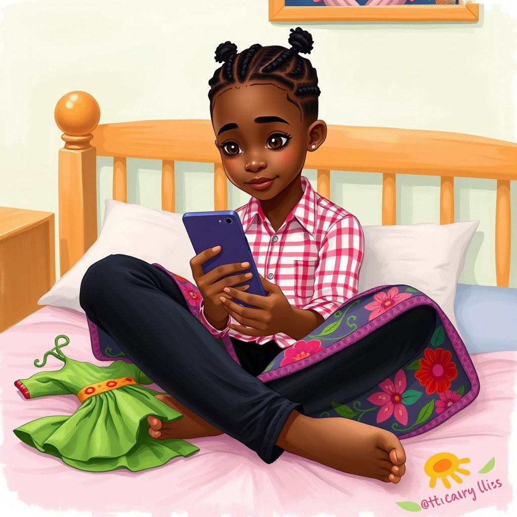 Girl with Braids Engrossed in Phone, Illustrated Style