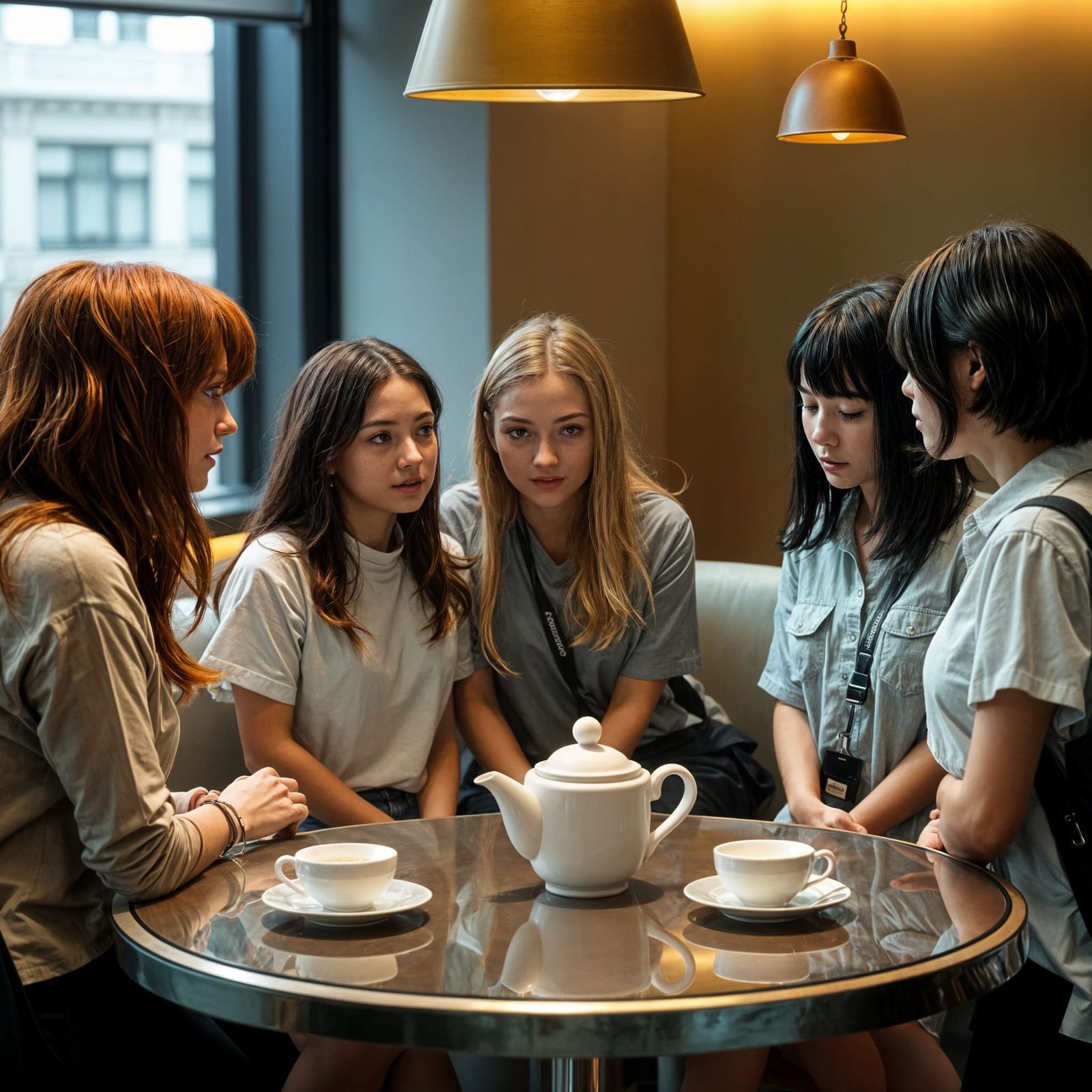 Five University Students Chatting at a Tea Table