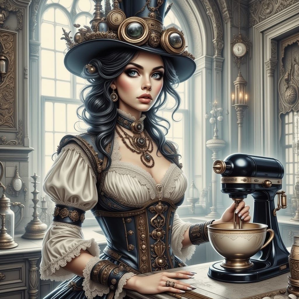 Steampunk Girl's Creamy Kitchen Mishap: A Watercolor Collage