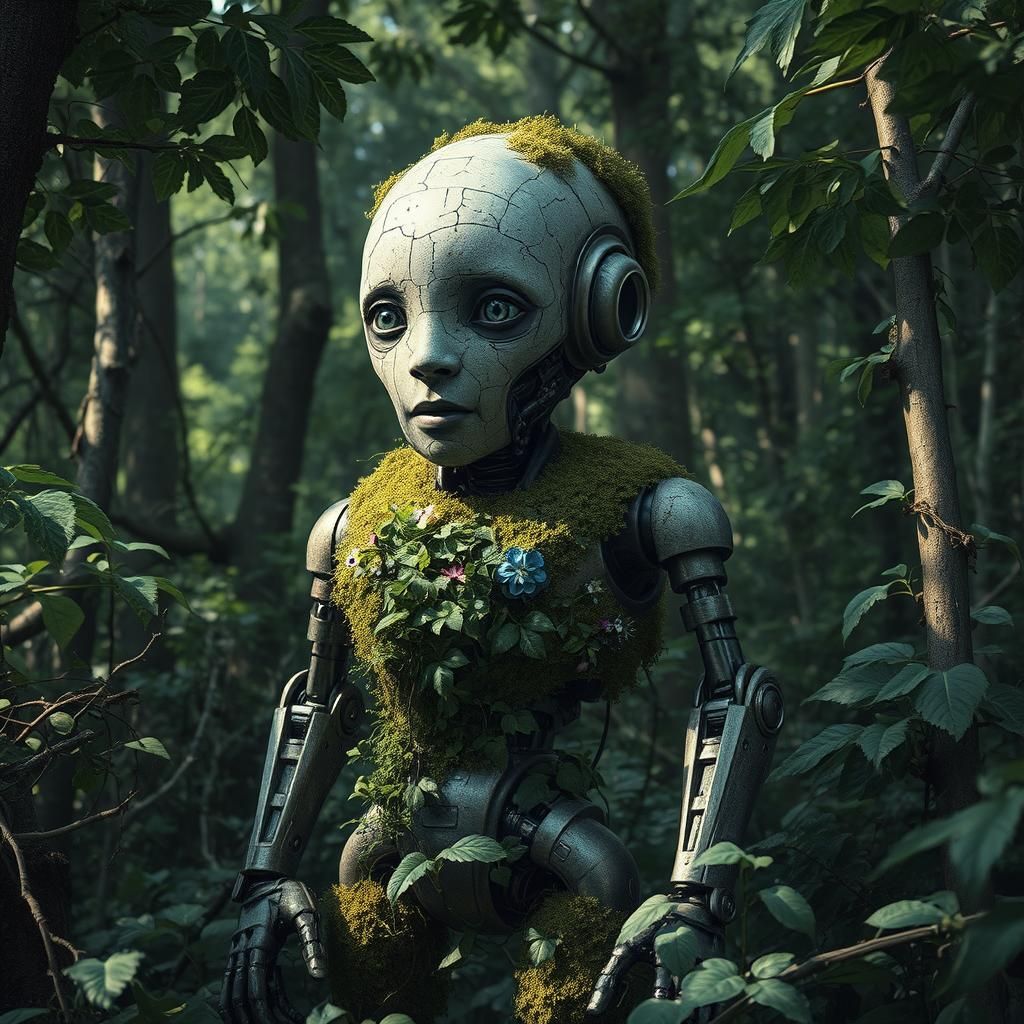 Android Decay in Untamed Forest: Hyperrealistic Digital Art