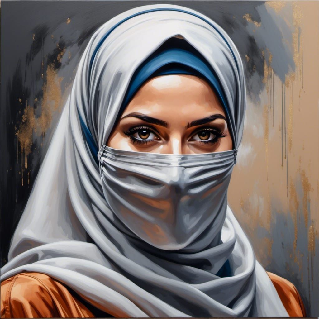 Portrait of Beautiful Woman in Hijab, Charcoal Drawing