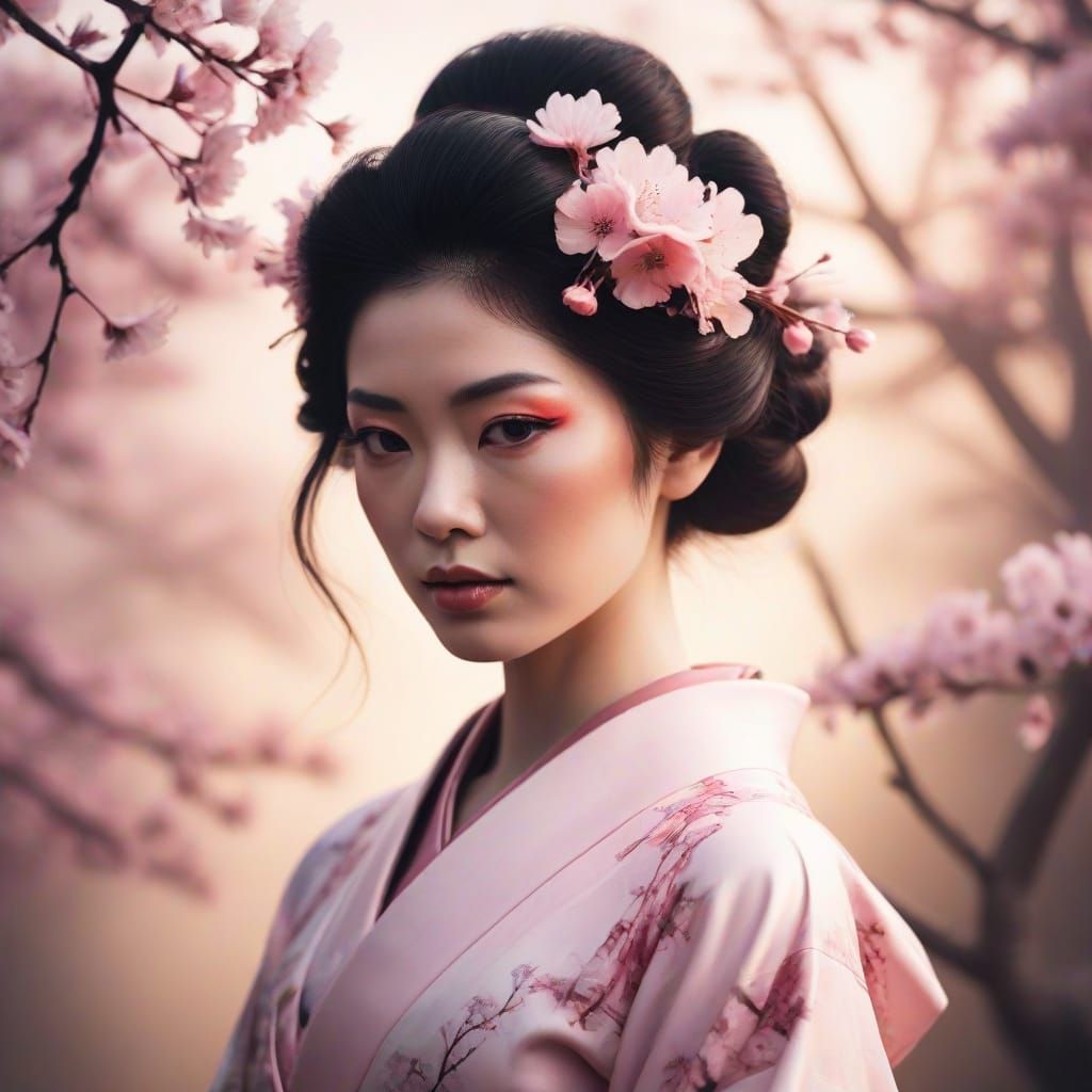Geisha Silhouette with Cherry Blossoms at Sunrise