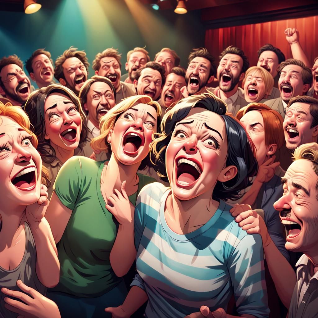Hyperrealistic Comedy Club Scene with Laughing Crowd