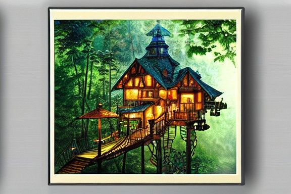 Rainforest Treehouse in Watercolor with Volumetric Lighting
