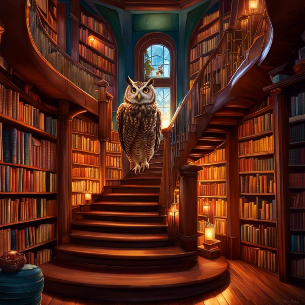 Owl in a cozy bookstore , an amazing magical staircase 8k Photorealistic landscape, Magic owl, bookstore of hell, big e...