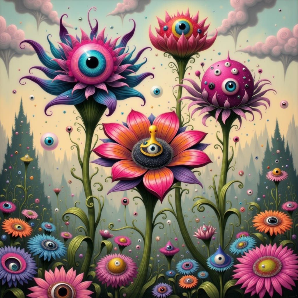 Walking Eyeball Flowers in Surreal Environment