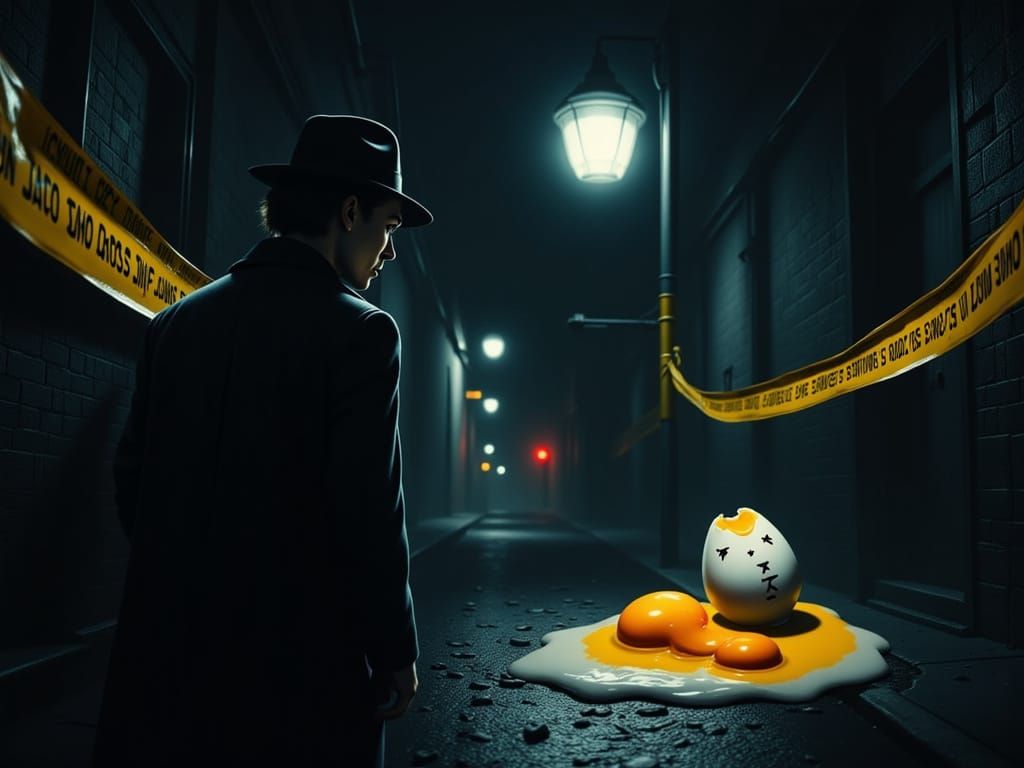 Film Noir Egg Detective at Night Crime Scene