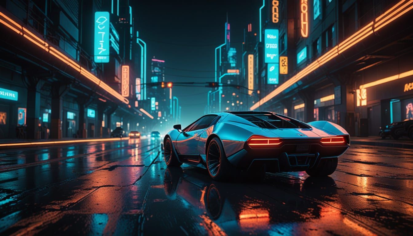 Sleek Futuristic Concept Car Speeds Down Neon-Lit Highway