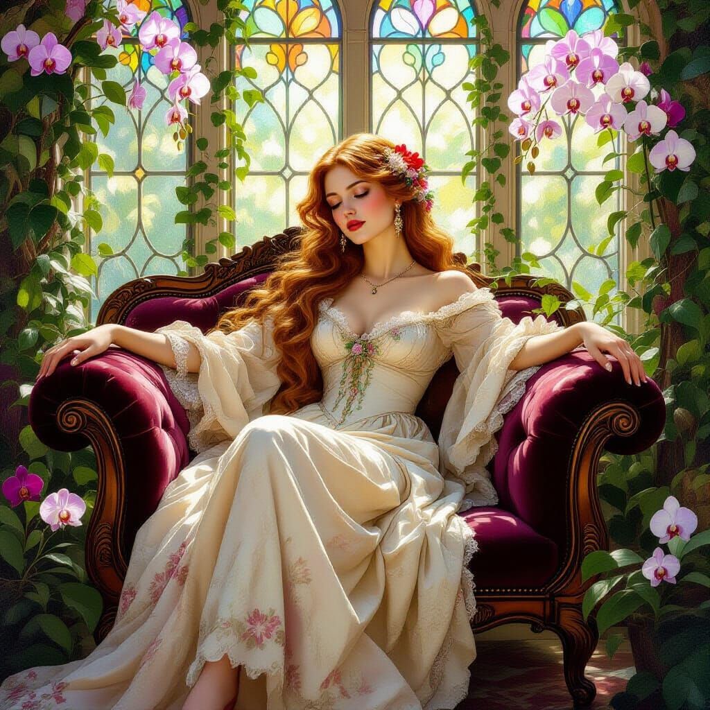 Woman in Sunlit Solarium, Pre-Raphaelite Style