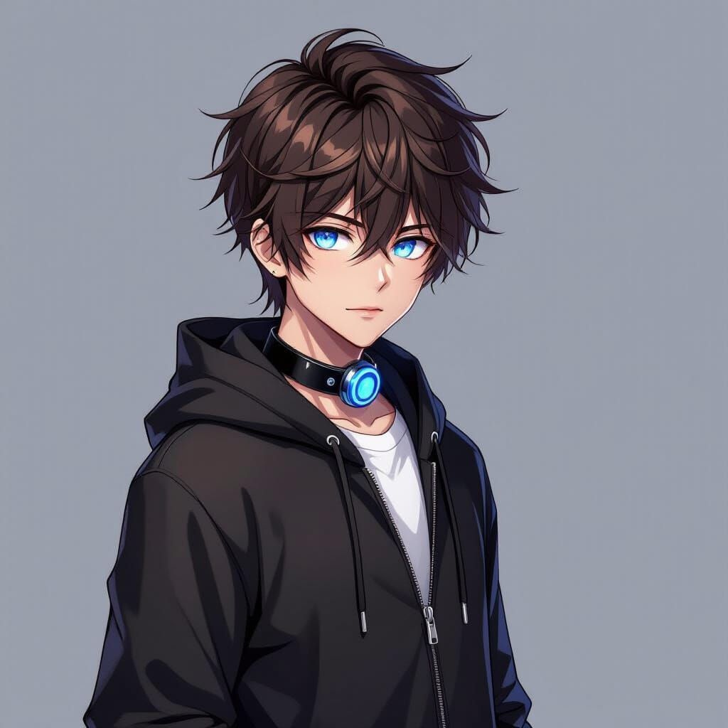 Anime Style Male with Glowing Eyes and Hoodie