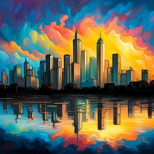 Colorful Sunset Cityscape in Graffiti Art Style