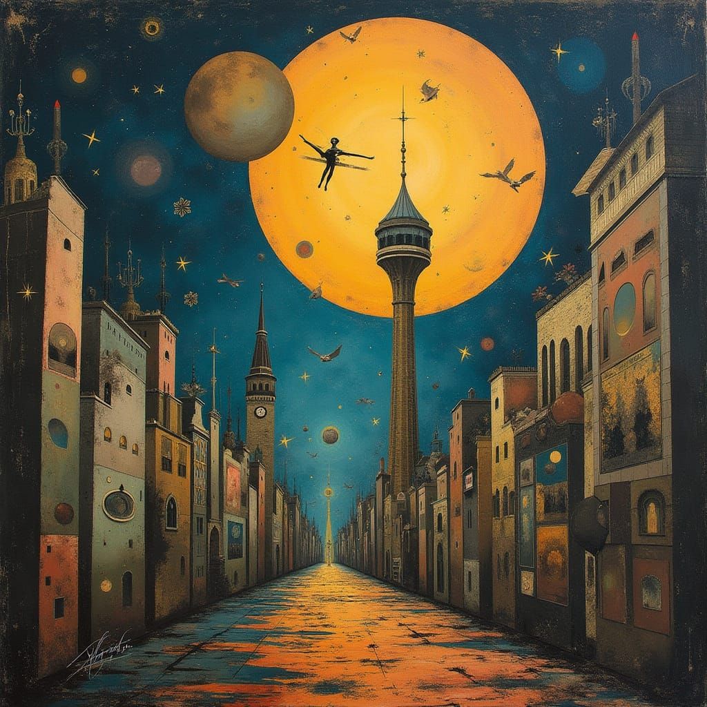 Mystical Cityscape Blending Art Nouveau and Cubism