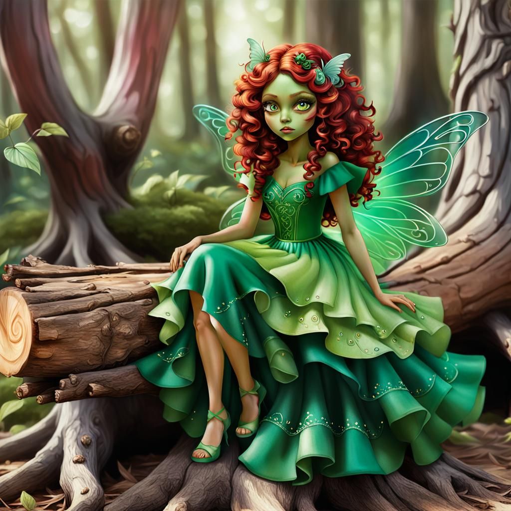 A whimsical fairy girl of Hispanic descent, with large green...