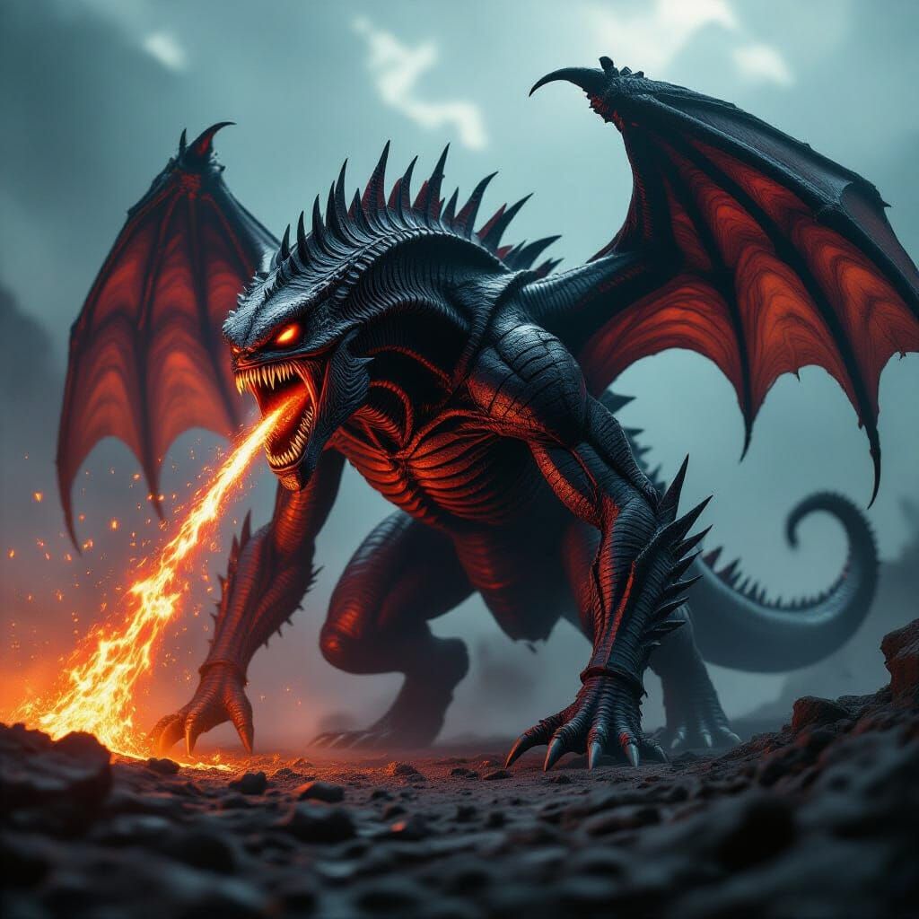 Gargantuan Hell Dragon Spewing Magma in Giger Style