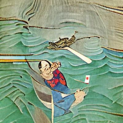 Man Fishing for Kappa in Ukiyo-e Style