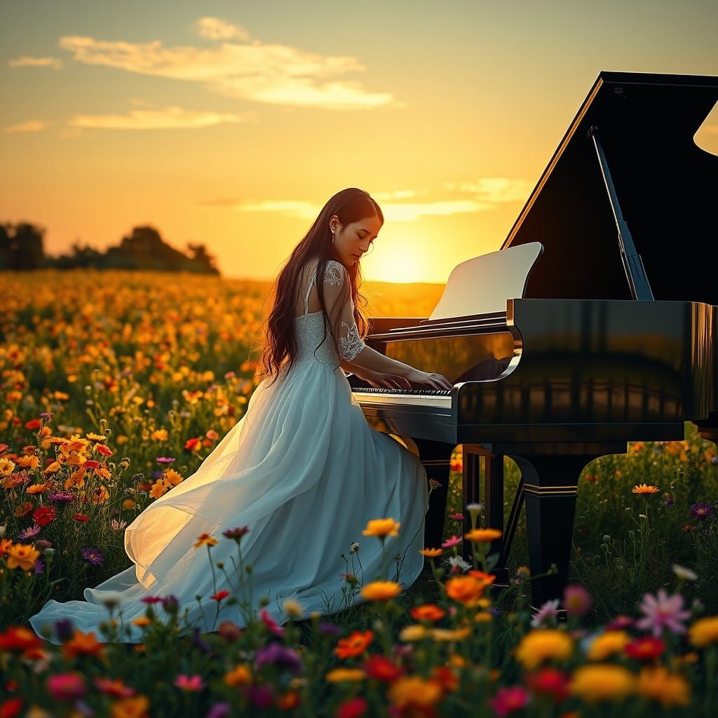 Young Woman Plays Piano in Vibrant Wildflower Field at Sunse...
