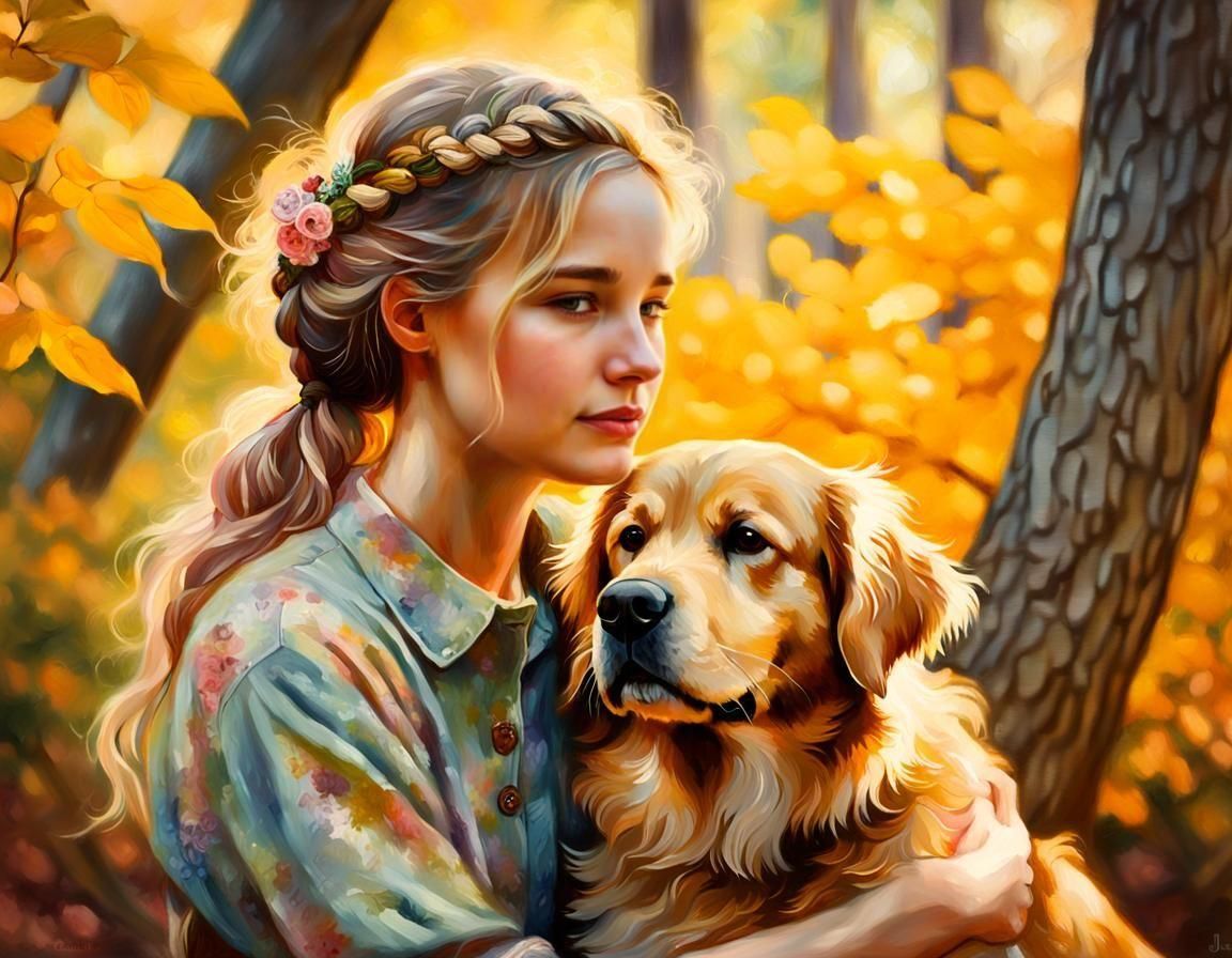 Woman and Dog: Whimsical Oil Painting