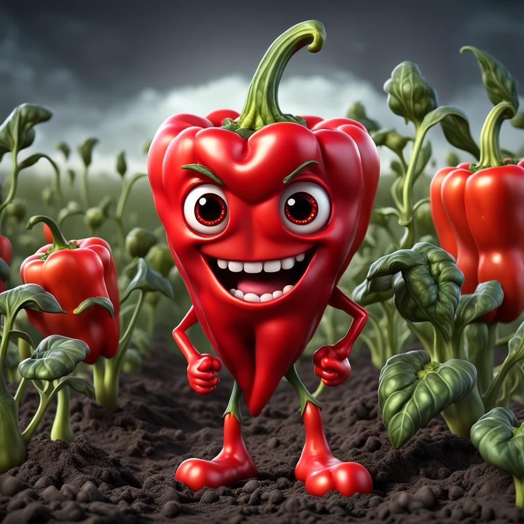 A vibrant 3D HD chibi red pepper with a comical face featuring big chibi eyes