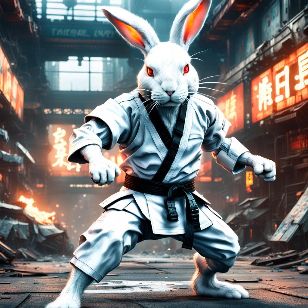 Cyberpunk Cyborg Bunny Kicks in Dystopian Setting
