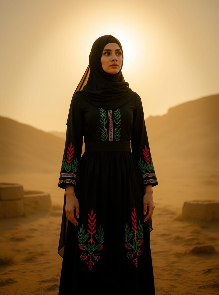 Palestinian Woman in Tatreez Dress Amidst Misty Landscape