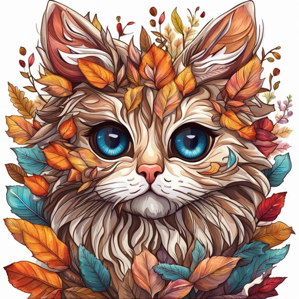 Cute Cat Sticker with Autumn Leaves, Vector Art