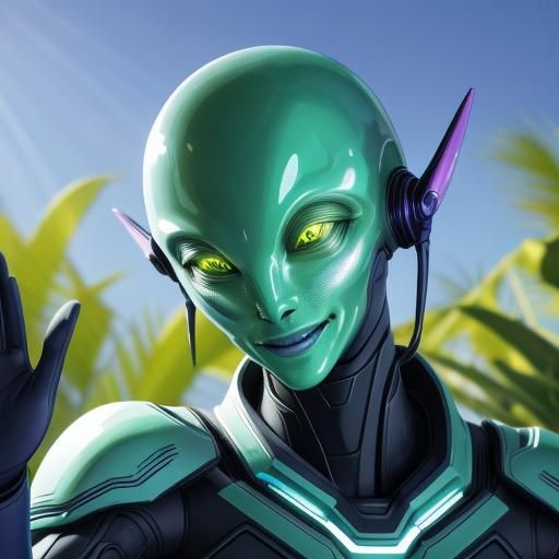 Smiling Alien in Futuristic Space Garden