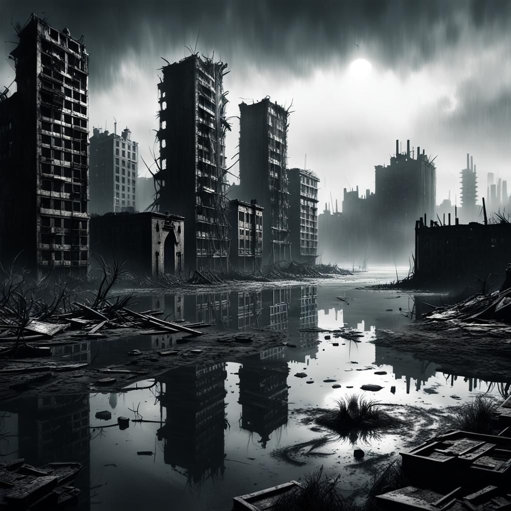 Underwater Cityscape in Charcoal Drawing Style