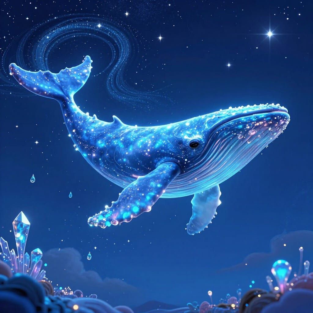 Ghostly Whale Flies Through Surreal Azure Sky