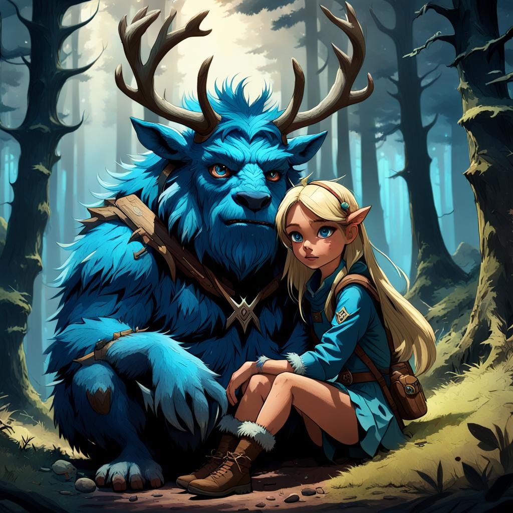 Blue Furry Monster and Girl in Forest Clearing