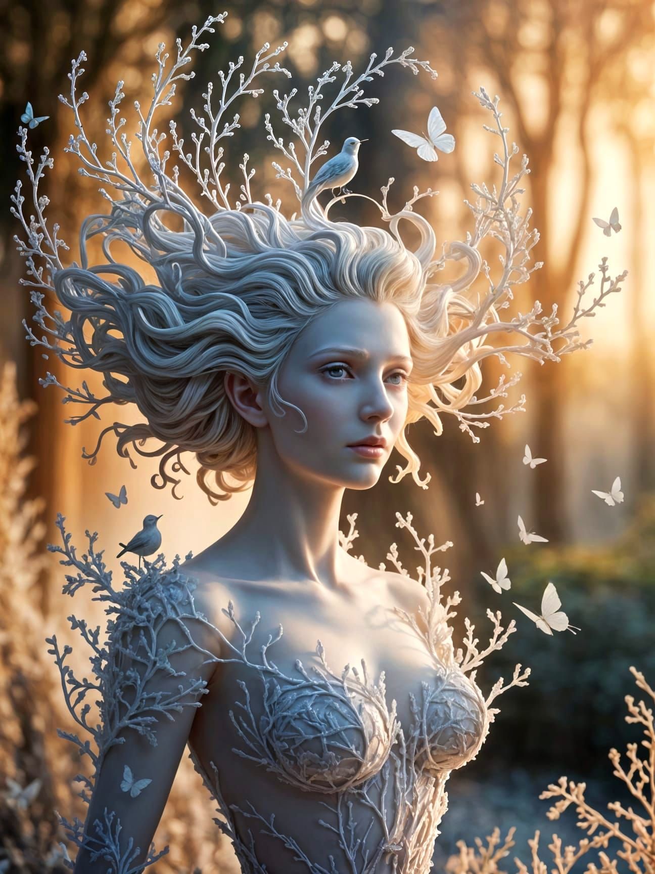 Ethereal Tree Spirit with Birds and Butterflies